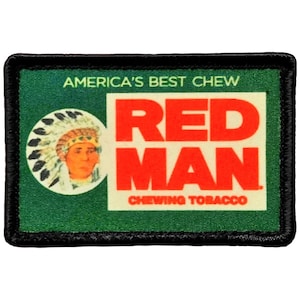 May include: A rectangular patch with a black border features the text "AMERICA'S BEST CHEW" above the large red text "RED MAN". A circular image of a Native American man in a headdress is on the left. The words "CHEWING TOBACCO" are below.
