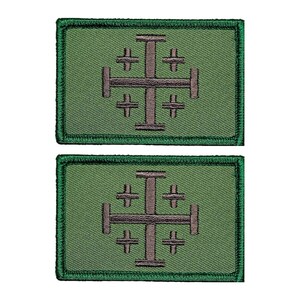 May include: Two green embroidered patches with a gray cross with four smaller crosses on each side. The patches are rectangular and have a green border.
