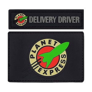 May include: Two black fabric patches with white stitching. The larger patch features a yellow circle with the words "Planet Express" and a green rocket ship. The smaller patch has the words "Delivery Driver" in gray text.