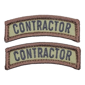 May include: Two embroidered patches with the word "CONTRACTOR" in dark blue letters. The patches have a light green background and a brown border. The patches are arched.
