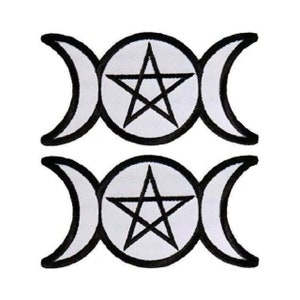 May include: Two black and white embroidered patches featuring the triple moon symbol and a pentagram. The patches are white with black outlines.