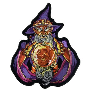 May include: An embroidered patch of a wizard with a purple robe and a pointed hat, holding a glowing orange crystal ball in his hands.