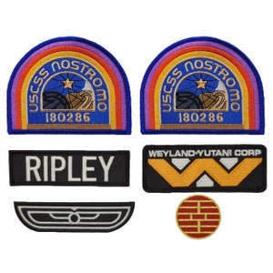 May include: Set of seven embroidered patches featuring the Nostromo spaceship, Weyland-Yutani Corporation logo, Ripley name tag, and other symbols from the Alien movie franchise.