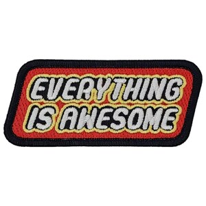 May include: Red and yellow embroidered patch with white text that reads "Everything is Awesome".