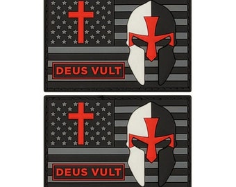 USA Flag Cross Templar Knight Christian God Wills Deus Vult PVC Patch - 2pc 3 x 2 Inch Hook Fastener Backing