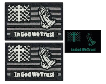 In God We Trust Praying Hand Cross USA Flag Glow In The Dark Patch- 2pc 3 x 2 Inch Hook Fastener Backing