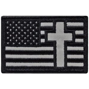 Reflective Cross USA American Flag Christian Cross Patch - 3 x 2 Inch Iron On or Sew On
