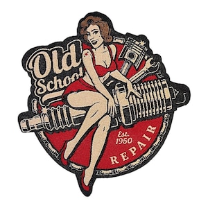 Old School Repair Shop Vintage Pin Up Woven Patch - 4 x 3.75 Inch Iron On or Sew On