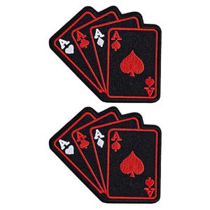May include: Two sets of five red and black embroidered iron-on patches of playing cards. Each set features the Ace of Spades with a red spade and a white 'A' in the corner.