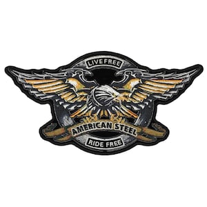 May include: Black and gold embroidered patch with a double-headed eagle design. The eagle is surrounded by a circle with the text "Live Free" and "Ride Free". The text "American Steel" is on a banner below the eagle.