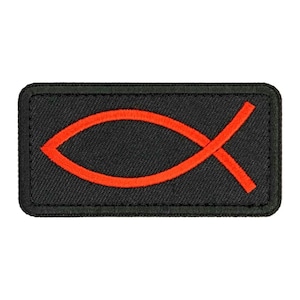 May include: A black embroidered patch with a red Ichthys symbol, also known as the Jesus fish.
