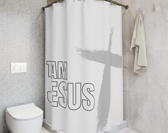 Cortina de ducha con temática de Jesús, divertida, cristiana, con la frase "Jesús fiel", ideal para el baño o el hogar.