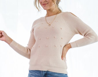 Pearls Beaded Cold-Shoulder Sweater