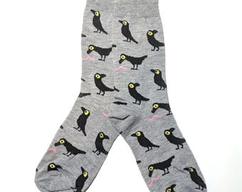 Grey Crow Socks, Funny Bird and Worm Crew Socks for Men and Women, Quirky Novelty Gift, Bird Lover Socks, Gift for Him