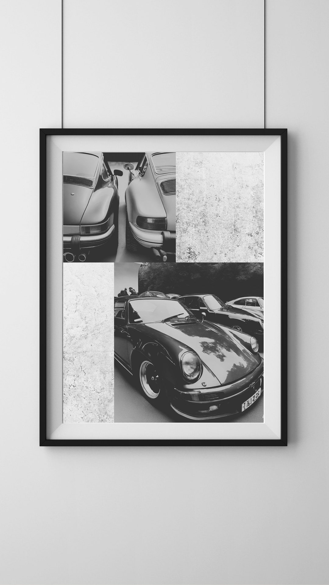 Rear and Front View of A Vintage Black Porsche Poster black and White