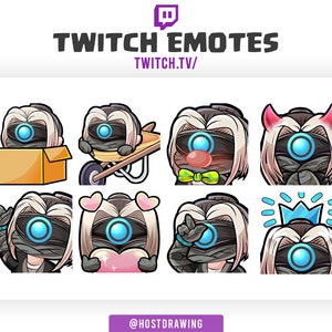 Peut inclure: Un ensemble de neuf émoticônes Twitch représentant un personnage de dessin animé avec un visage blanc et gris, des yeux bleus et un masque noir. Le personnage est représenté dans différentes poses, notamment en train de tenir une boîte, de pousser une brouette, de porter un nœud papillon, de porter des cornes de diable, de tenir un cœur, de se couvrir l'œil et de porter une couronne.