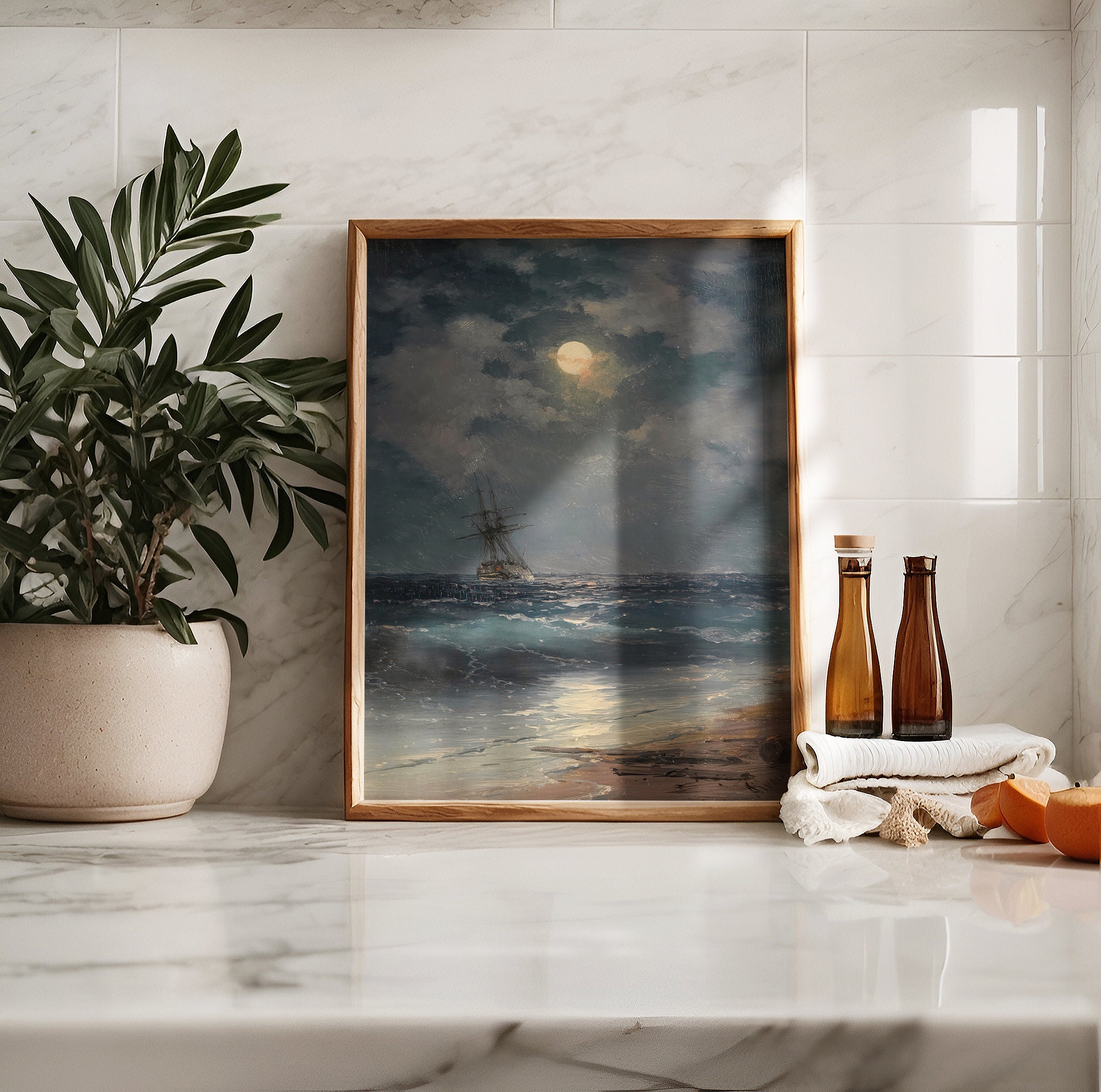 Ship on Sea AT Night Art Print Full Moon Vintage Painting Beach and ...
