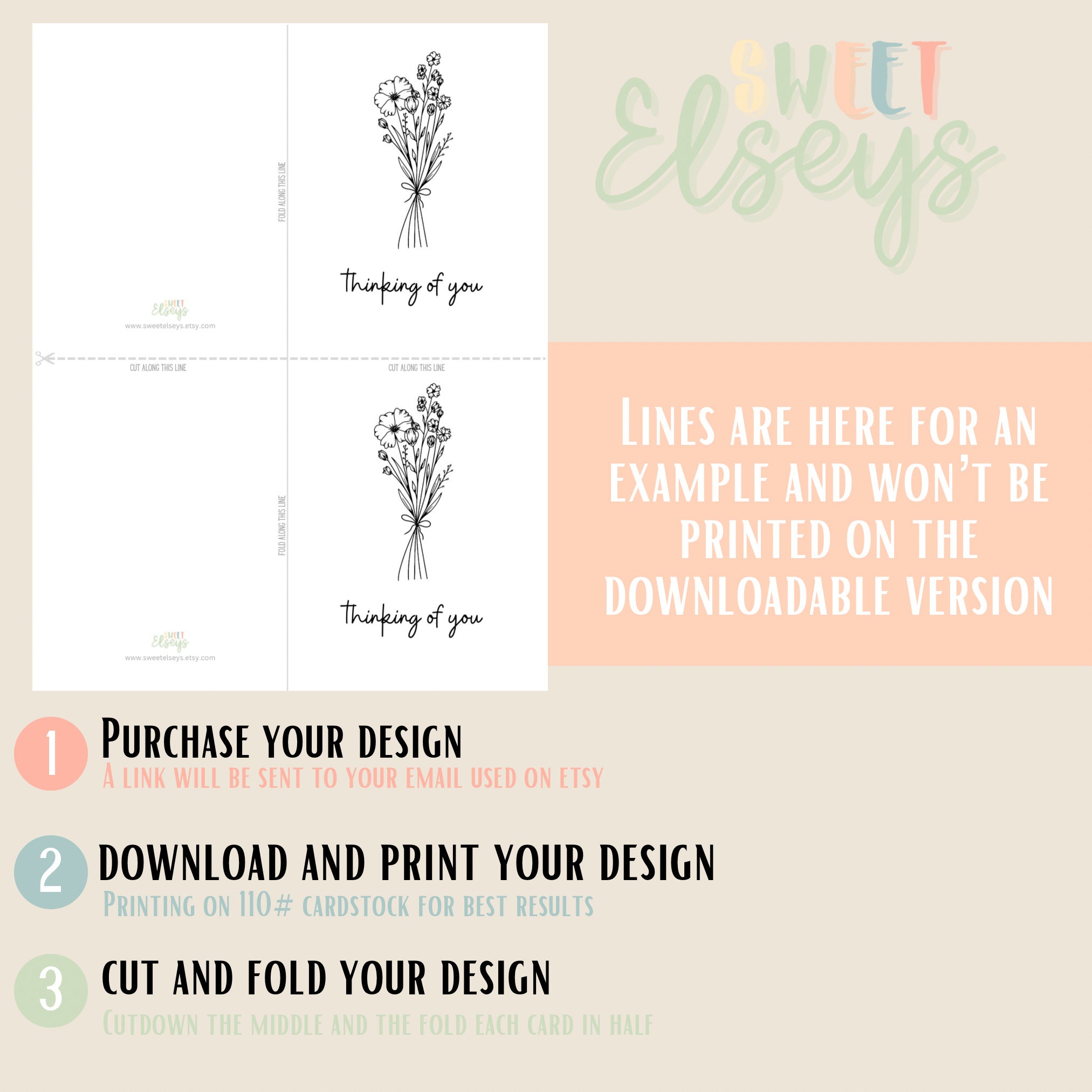 Printable Greeting Card Line Flower Bouquet Thinking of You - Etsy