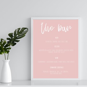 Bar Dusty Rose Minimalistyczne Menu Napojów edytowalny znak na specjalne okazje, wesela, przyjęcia emerytalne