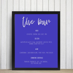 Bar Cobalt Blue Minimalistyczne Menu Napojów edytowalny znak na specjalne okazje, wesele, przyjęcie emerytalne