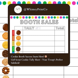 Peut inclure: Une feuille de comptabilité de biscuits Girl Scout imprimable avec un fond brun et des pois multicolores. La feuille comprend une liste de variétés de biscuits Girl Scout avec des images de chaque biscuit et une section de comptabilité pour chaque type de biscuit. Le texte "BOOTH SALES" est en haut de la feuille.