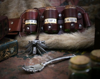 Handgemaakte leren alchemist Baldric – Witcher Potion-holster voor LARP en cosplay