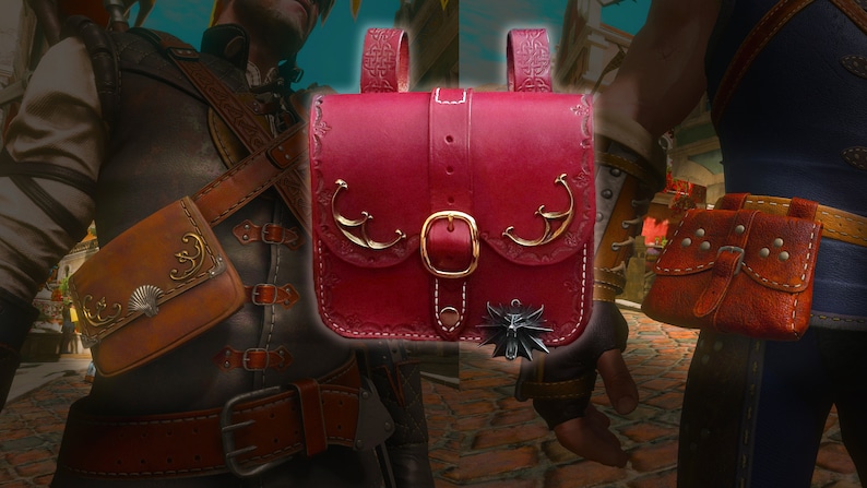 Op de afbeelding: Twee leren tassen met decoratieve metalen accenten. De tas aan de linkerkant is bruin met een gouden ontwerp en de tas aan de rechterkant is rood met gouden accenten en een zilveren medaillon.