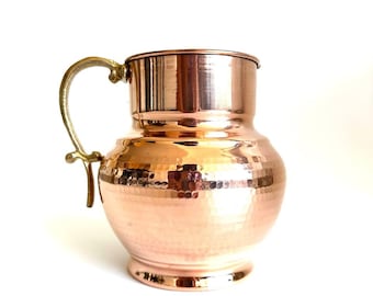 Copper Pitcher with Brass Handle, Copper Water Jug - Copper Carafe for Home, Hotel & A Gift for Your Loved