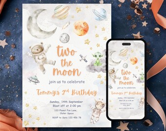 Two the Moon Birthday Invitation Editable Canva Template Space Theme Invite Printable Digital Download Bundle