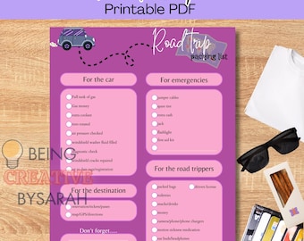May include: A printable checklist for a road trip with a pink background and a cartoon car. The checklist is divided into sections for the car, emergencies, the destination, and the road trippers. The checklist includes items such as full tank of gas, jumper cables, spare tire, snacks, and toiletries.
