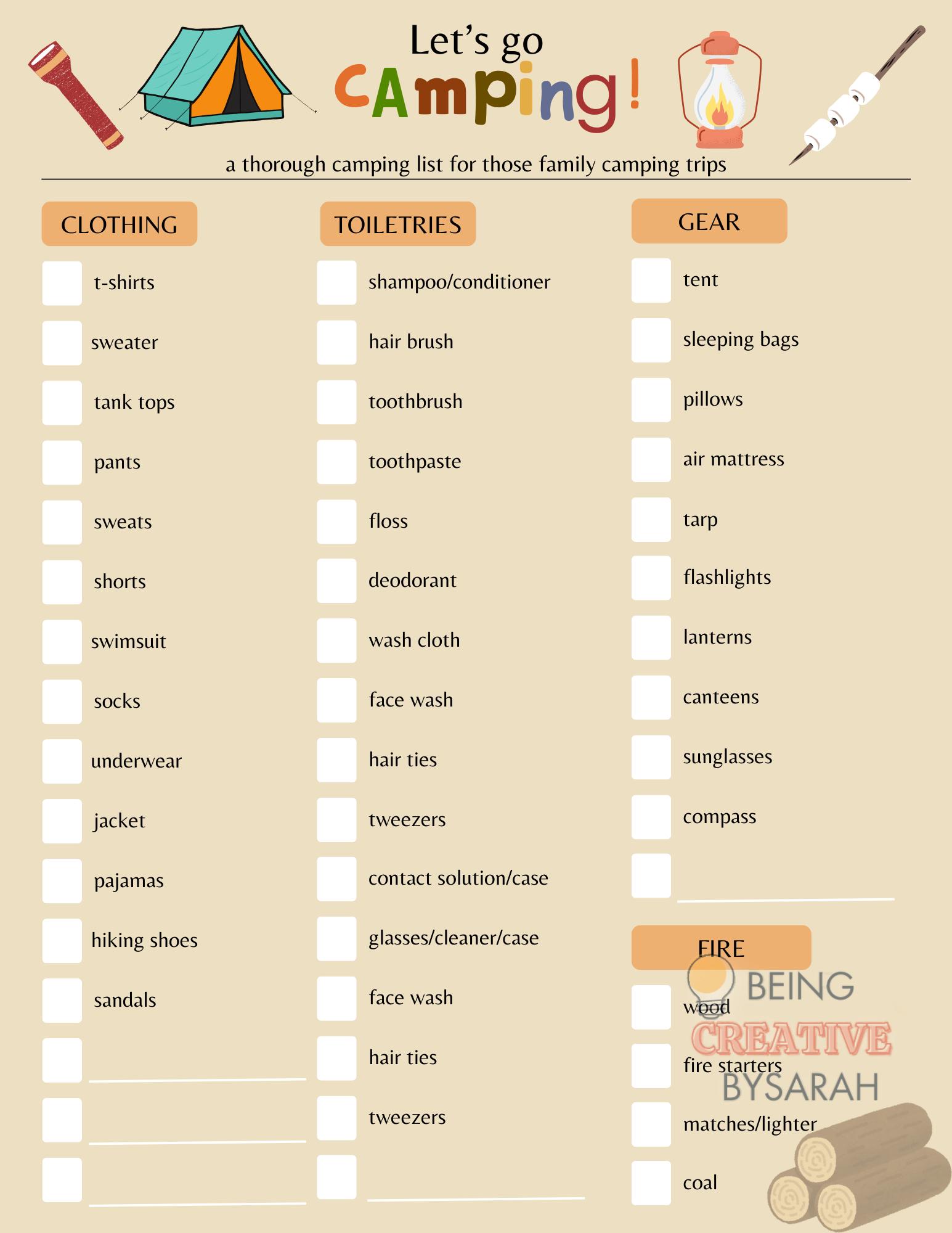 Family Camping Checklist: Printable Packing List (PDF Download) - Etsy
