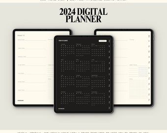 May include: A digital planner for 2024 with a black and white color scheme. The planner includes yearly, monthly, and weekly views. The text "2024 DIGITAL PLANNER" is displayed in a large font at the top of the image.