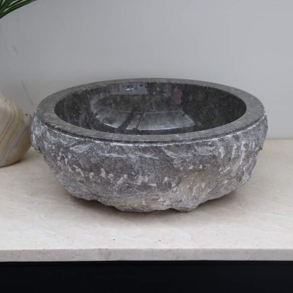 Solid natural Grey round Marble Basin Vanity Sink with texture