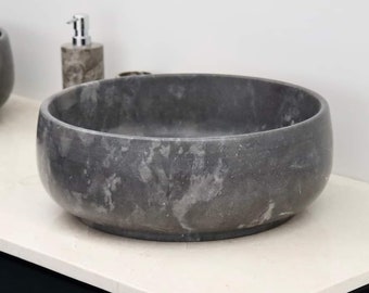 Solid Round Grey Marble Basin Vanity Sink