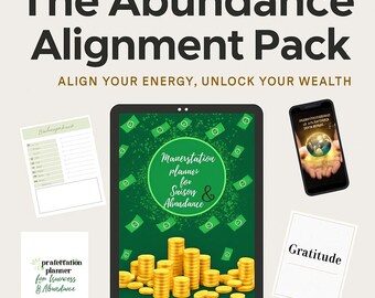 May include: The Abundance Alignment Pack, a set of resources for energy alignment and wealth creation. Features a tablet with a "Manerstation planner for Suison & Abundance", a smartphone, and printed planner pages. Gold coins and dollar bill graphics are also visible.