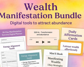 May include: A digital "Wealth Manifestation Bundle" with tools for attracting abundance. It features a 30-day planner, affirmation cards, an e-book, and an audio track. The text includes "Energy Alignment" and "528 Hz - Transformation and abundance."