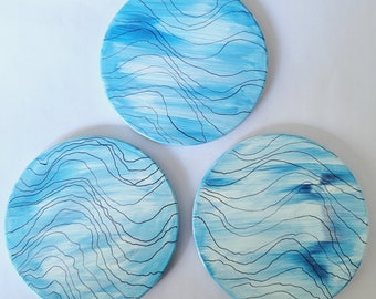 Blue Coasters - Set of 3 - Hand Painted