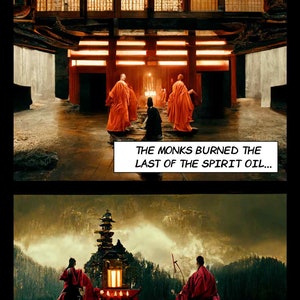 May include: A group of monks in red robes stand in front of a large wooden building with a red roof. The monks are burning the last of the spirit oil to conjure their most desperate defenses. The text "THE MONKS BURNED THE LAST OF THE SPIRIT OIL... ...TO CONJURE OUR MOST DESPERATE DEFENCES..." is written in white on a black background.