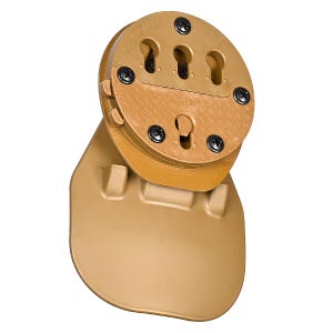 May include: A tan-colored holster with a rotating clip and multiple mounting points. The clip has the text "FLITE RAIL" printed on it.