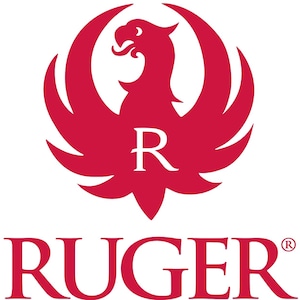 May include: Red logo with a stylized bird and the letter "R" in the center. The word "RUGER" is written in red below the bird.