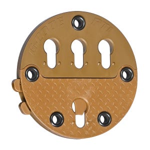 May include: A gold-colored metal key lock with a diamond pattern on the bottom and the words "G-CODE RTI" on the top.