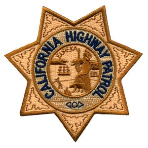 May include: A gold embroidered patch with a seven-pointed star shape. The center of the patch features a circle with the words "CALIFORNIA HIGHWAY PATROL" in blue lettering. Inside the circle is a gold embroidered image of a man with a rifle standing on a hill with a ship in the background.