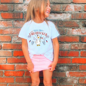 Puede incluir: Una camiseta blanca con la frase "Little Miss Firecracker" y un pato de dibujos animados sosteniendo una peque&ntilde;a bandera estadounidense. La camiseta se combina con una falda a cuadros rosa y blanca. El fondo es una pared de ladrillos rojos.