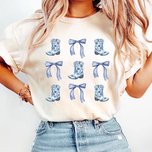 Blue Western Chinoiserie Shirt, Blue Chinoiserie Cowgirl Shirt, Coastal Cowgirl Bows Shirt, Blue toile bow & boots shirt, horse girl shirt