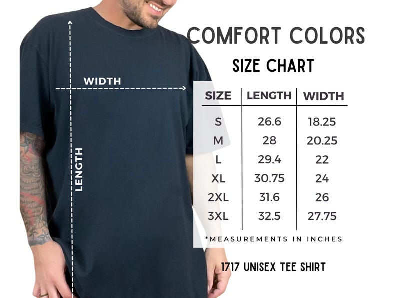 May include: Dark navy blue unisex tee shirt with a size chart. The chart shows length and width measurements in inches for sizes S to 3XL. The shirt is labeled as a 1717 unisex tee shirt.