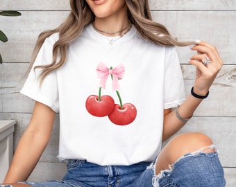 Cherry Shirt, coquette cherry shirt, trendy cherry shirt, cherry t shirt, cherry bow shirt, red cherry, coquette clothing, coquette shirt