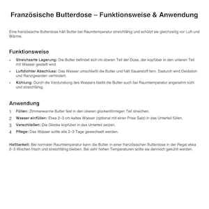 May include: Text from a document titled "Franz&ouml;sische Butterdose - Funktionsweise & Anwendung" in German. The document describes how a French butter dish works, including filling, sealing, and maintenance instructions.