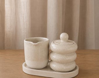 Concrete sugar bowl & milk jug with tray | Japandi set in greige or natural white