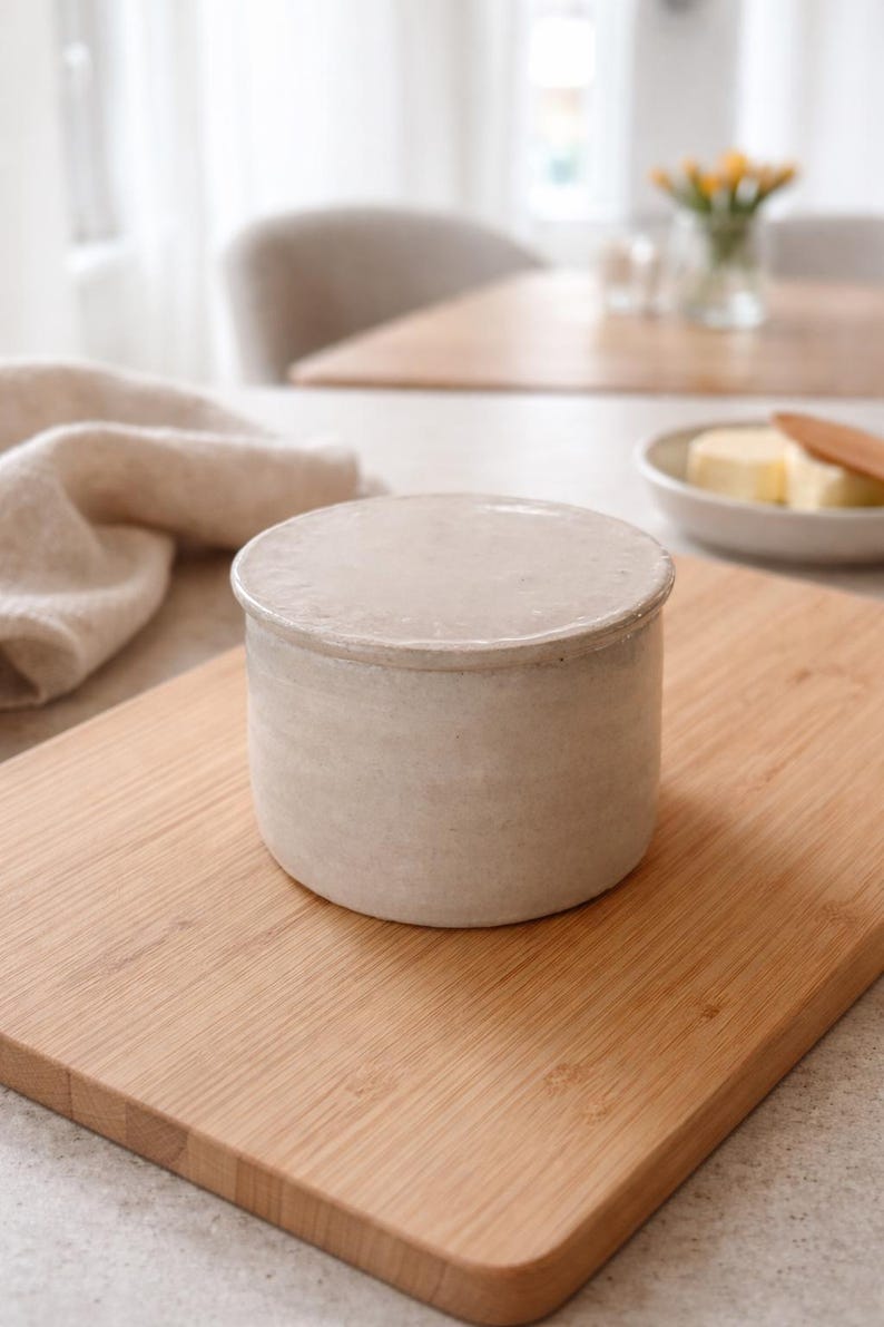 May include: A round, off-white ceramic butter dish with a lid sits on a wooden cutting board. The butter dish is cylindrical and has a slightly textured surface. A folded beige cloth is in the background.