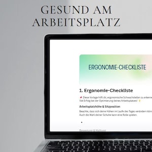 Può includere: Uno schermo di un computer portatile che mostra un documento digitale intitolato Ergonomie-Checkliste con il testo Gesund am Arbeitsplatz e un logo circolare con le lettere WZ. Il documento include sezioni sull'altezza e la postura.